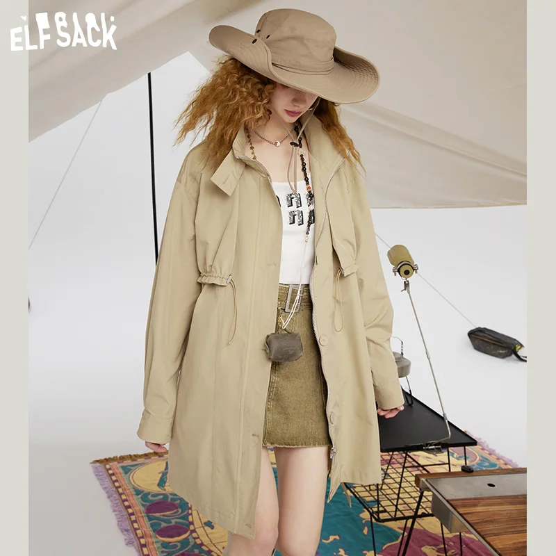 

ELFSACK Khaki Vintage Trench Coats Women 2023 Spring Loose Casual Mid-length Outwears