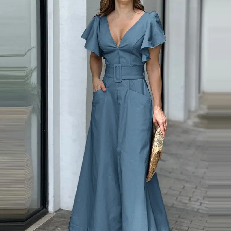 W-44 Hot sale women's fashion solid color sexy lotus leaf sleeve deep V neck waist dress dress female