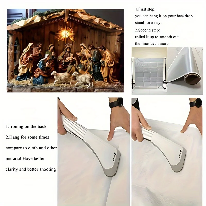 Weihnachtskrippe Hintergrundstoff – Krippenstufe mit Frauen und Kinder, Schaffalte-Design, Polyester – Detail 1