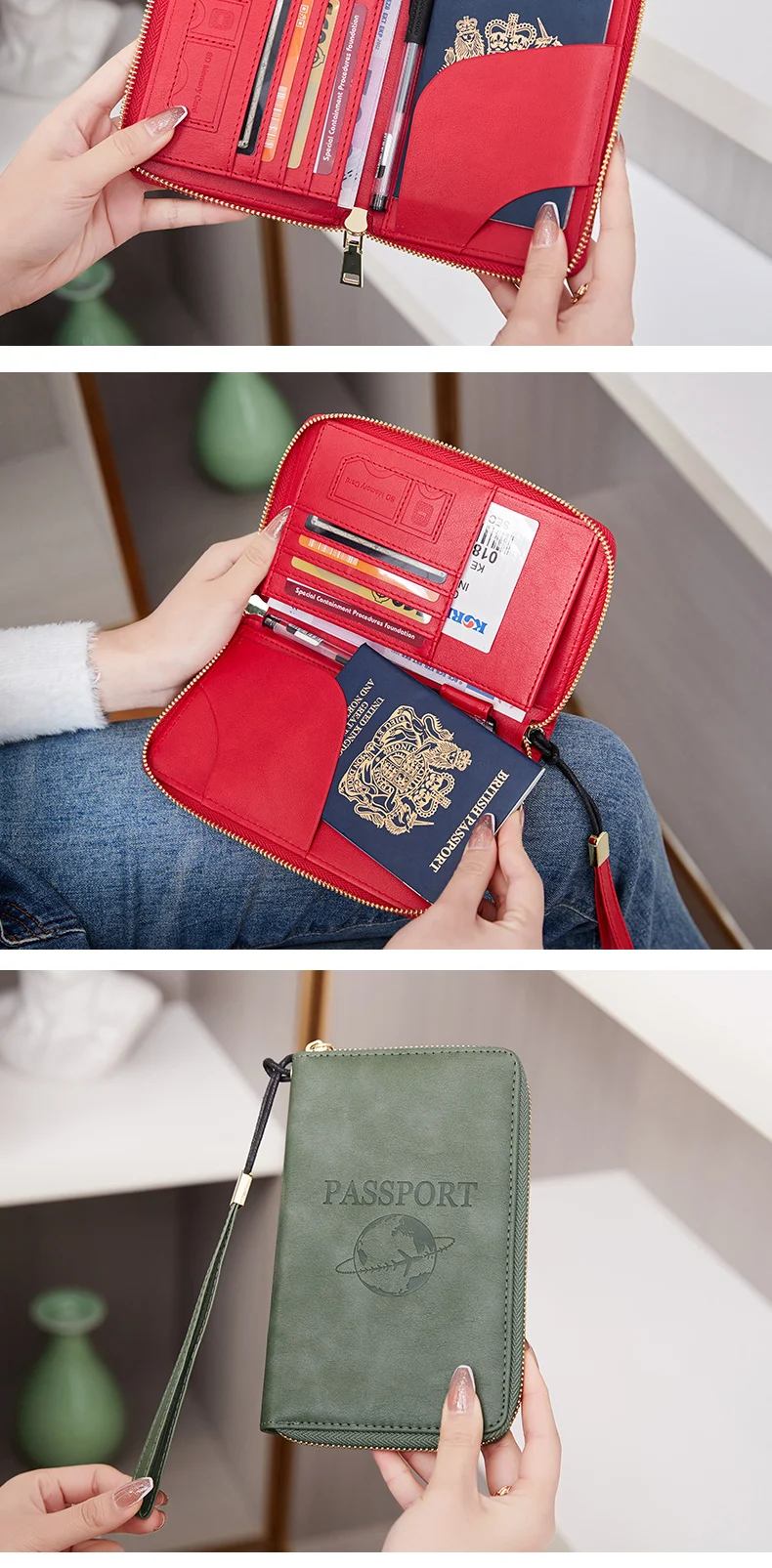 Modische und Tragbare RFID-Reisepasshülle aus PU-Leder Multifunktionale Kreditkarten- und Reisepass-Tasche Neutrales Reisezubehör – Detail 11