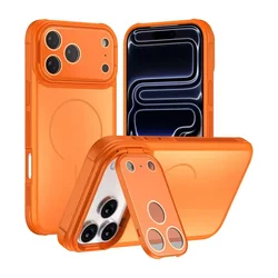 Magsafe Magnetic Shockproof Phone Case with Lens Bracket and Matte Acrylic Back Cover - iPhone 15 Plus (Orange)