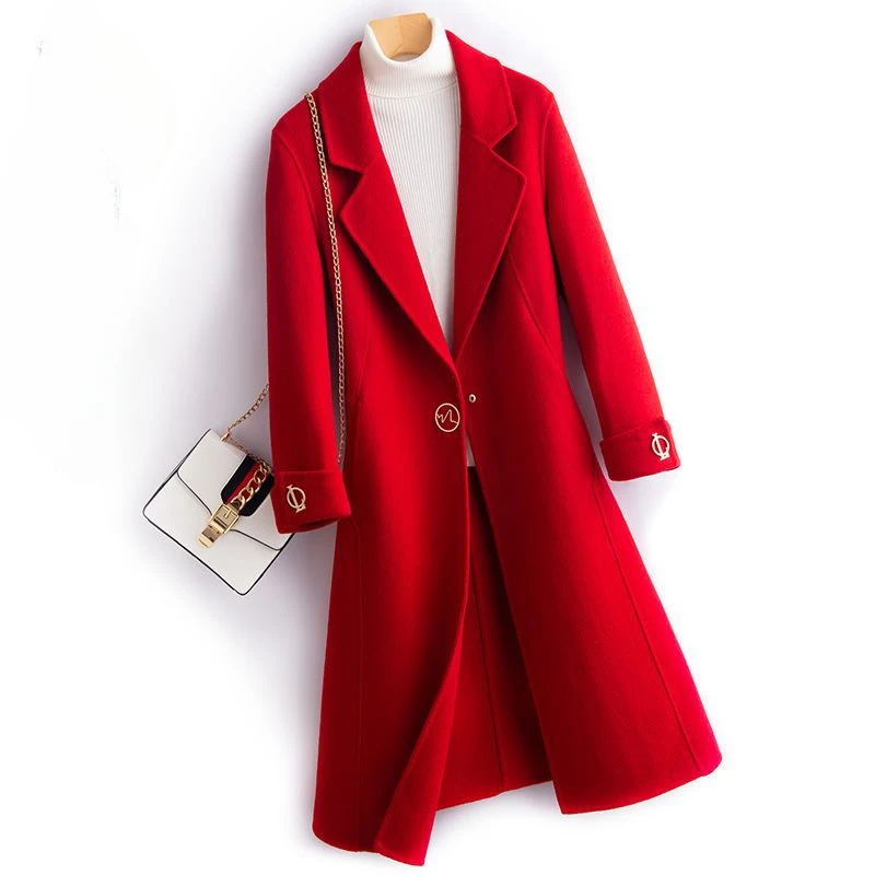 2023 Autumn and Winter New Women Temperament Wool Reversible Woolen Coat Long Slim Solid Color Outwear Casual Versatile Outwear