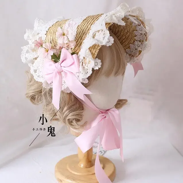 

Lolita Maid Straw Hat Lace Butterfly Flower Strawberry Bonnet Cap Girls Young Cut