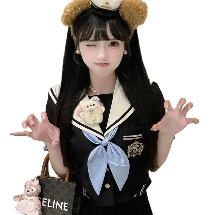 Japan JK College Sailor Suit Navy Collar Top Pleated Skirt Two-Piece Set Women Bow Embroidery Sweet Fashion Color Contrast 2024