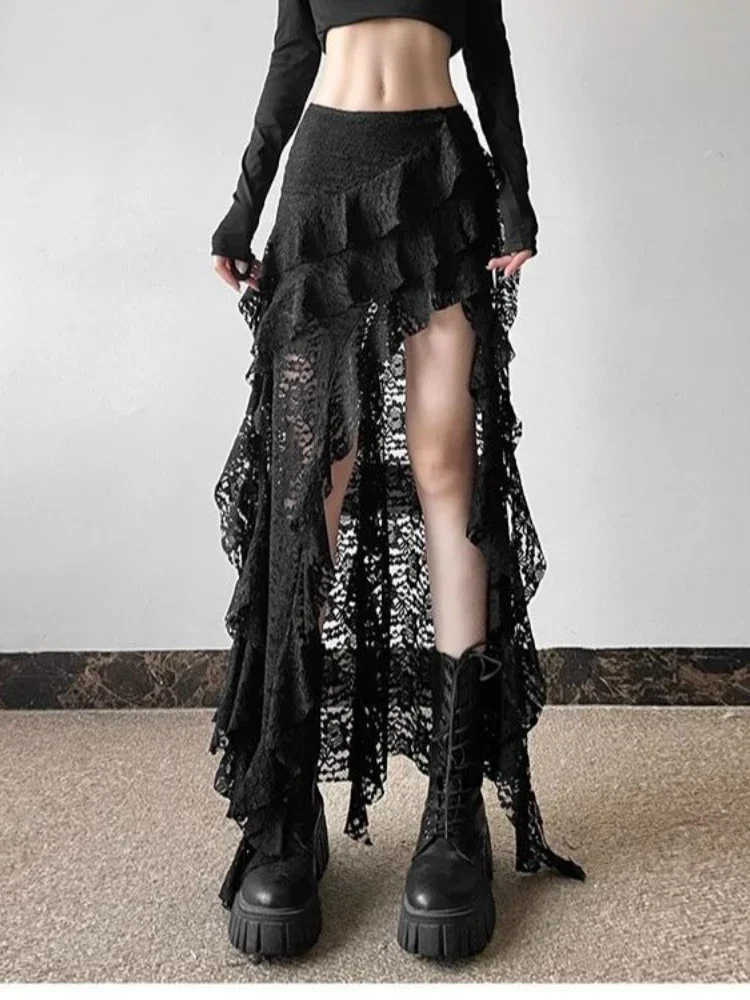 Deeptown Elegant Tulle Ruffle Skirt Women Boho Lace Vintage White Irregular Skirt Korean Style Summer Layered Mid Skirts Street 4