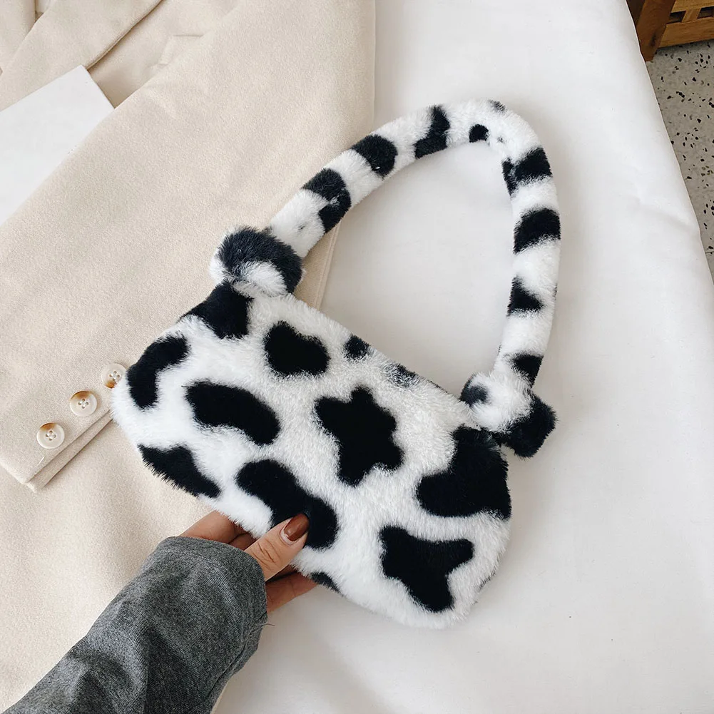 Fashion Women Cow Print Mini Shoulder Bags Female Winter Plush Underarm Bags Leopard Zebra Pattern Fluffy Tote Bags Small Purses 