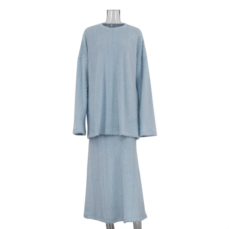 TRAUXY Autumn Winter Plush Knitted Suit Women's Long Sleeve O-Neck Pullover Top Long Skirts Two Piece Sets Solid Female Elegant