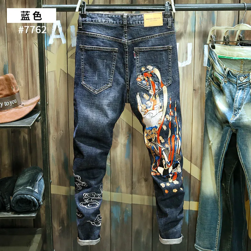 Summer 2021 Hot Heavy Embroidery Black Men's Jeans Small Feet Slim Brand Authentic High-end Stretch Pants Korean Chinese Style