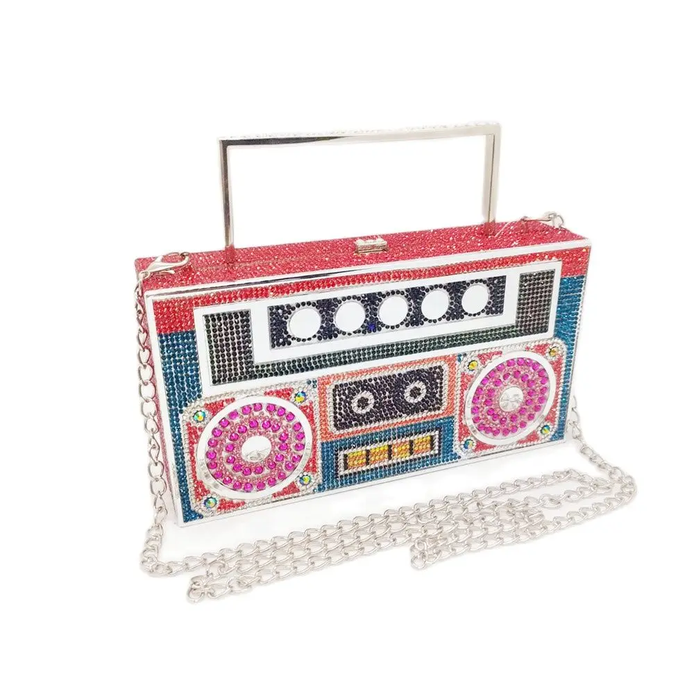 Chaliwini Color Diamonds Radio Evening Clutch Bag Women Bridal Wedding Metal Handle Shiny Rhinestone Purse And Handbags Designer