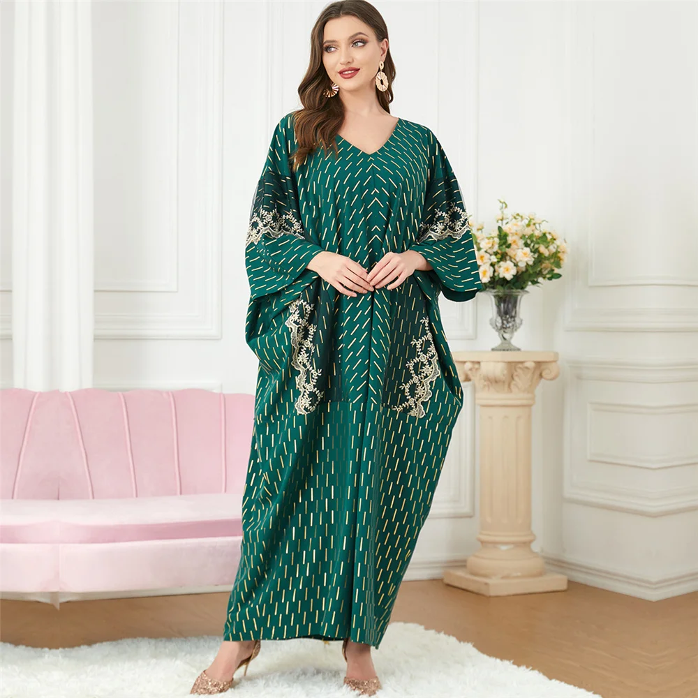 

Muslim Print Embroidery Abaya Women Loose Bat Sleeve Long Dress V-neck Islamic Clothes Kaftan Dress Moroccan Arab Turkey Ramadan