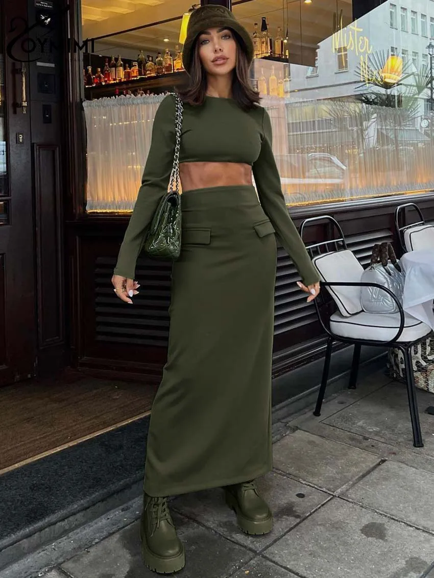 Oymimi Casual Green Knitting Womens 2 Piece Outfit Set Elegant O-Neck Long Sleeve Crop Tops And High Waist Straight Skirts Sets