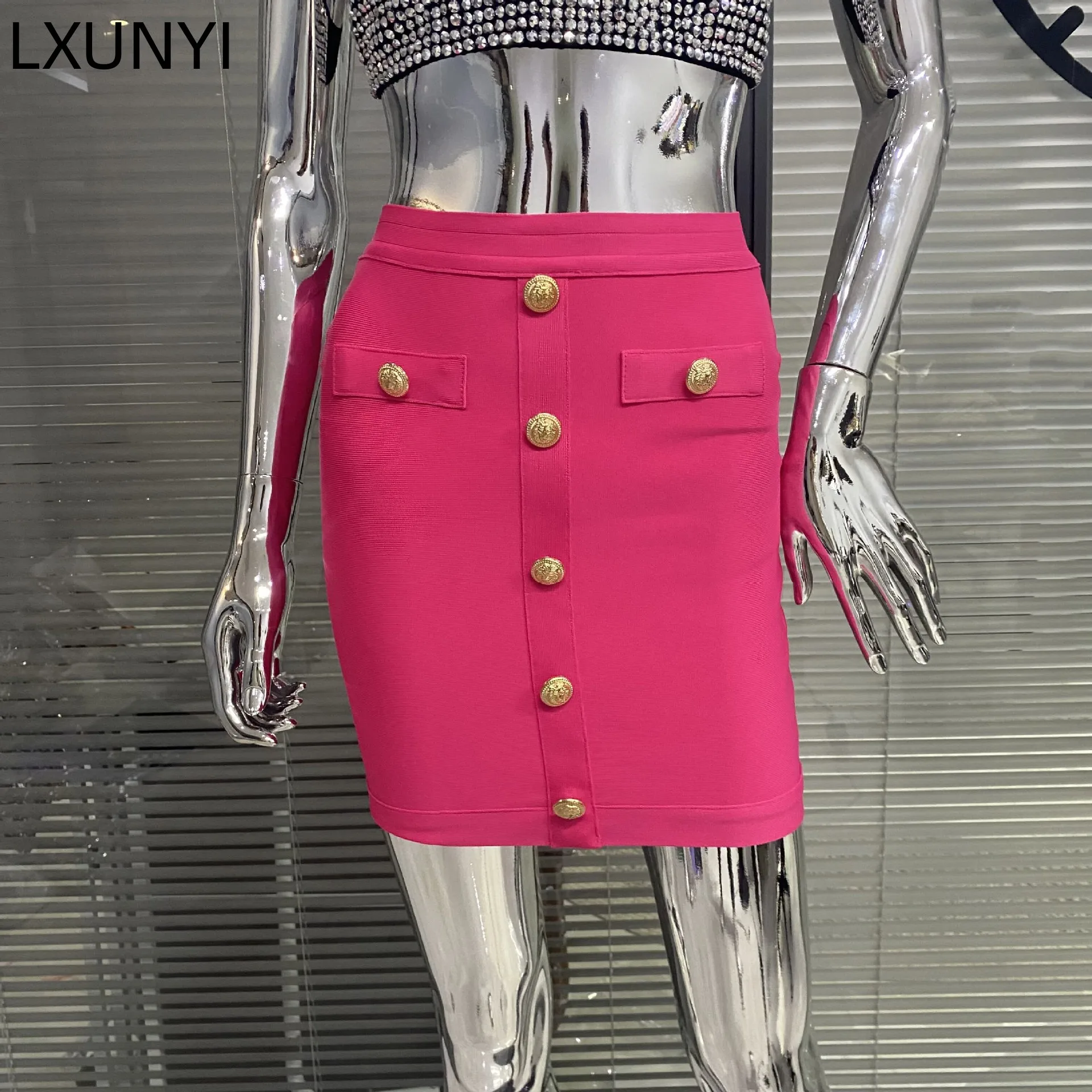 

Woman Skirts Bandage Women 2023 Spring Formal Fashion Gold Button Design Tight Pencil Skirt Spicy Style Elegant Women's Skirts
