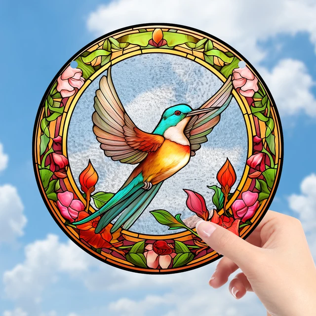 Acrylic Pattern Hummingbird Stained Window Hangings Colorful Flower Suncatchers for Windows, Birds Window Hangings with Chain 2