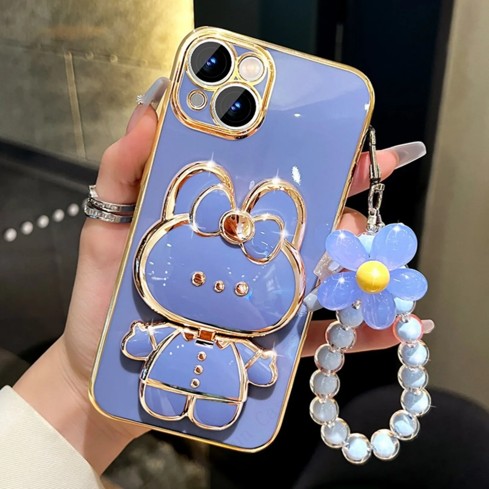 Bunny Mirror Holder Silicone flower Strap Plating Phone Case For iphone 15 14 12 Max MiNi 11 13 Pro X XS XR 7 8 + SE_voghion.com