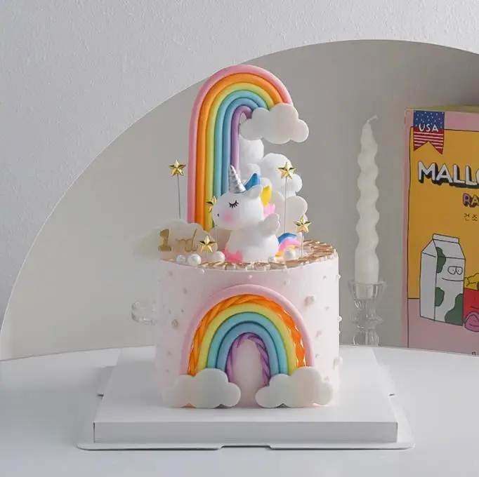 Niedlicher Einhorn-Kuchenaufsatz, Regenbogen-Wolken, Sterne, Kuchen für Kinder, alles Gute zum Geburtstag, Kuchendekoration, Party-Versorgung, Geschenke für Mädchen, Babyparty – Detail 3