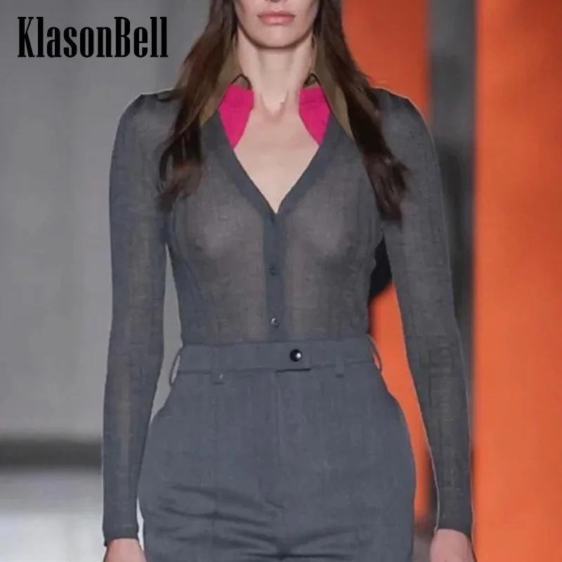 

12.15 KlasonBell Runway Fashion Contrasted Color Lapel Collar Spliced Fake Two Piece Slim Cashmere Knit Cardigan Women