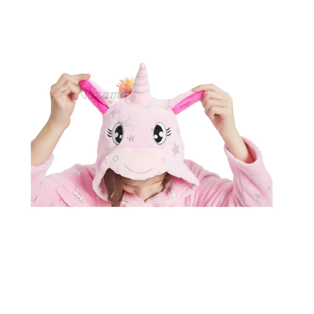 Pink Star Print Girls Bathrobes Hooded Unicorn Pajamas Children's Bath Robes for 2-11 Years Kids Sleepwear Nightgown withe Belt
