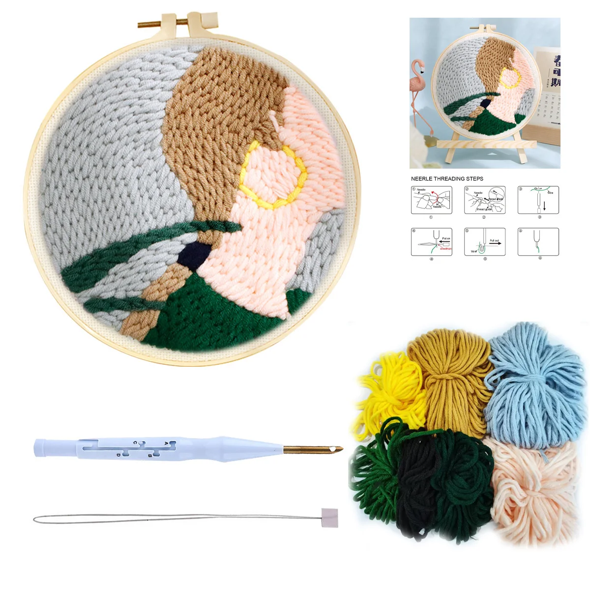 

RUOPOTY Abtract Women Punch Needle Starter Kit For Beginner Punch Needle Tool Threader Fabric Embroidery Hoop Yarn Rug 20x20cm