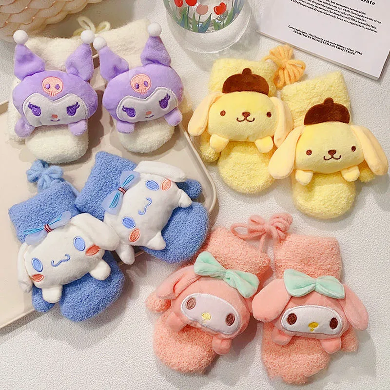 

Kawaii Sanrios Hellokitty Kids Gloves Anime Cinnamoroll Kuromi Winter Outdoor Warm Woolen Full Wrap Split Finger Glove Girl Gift