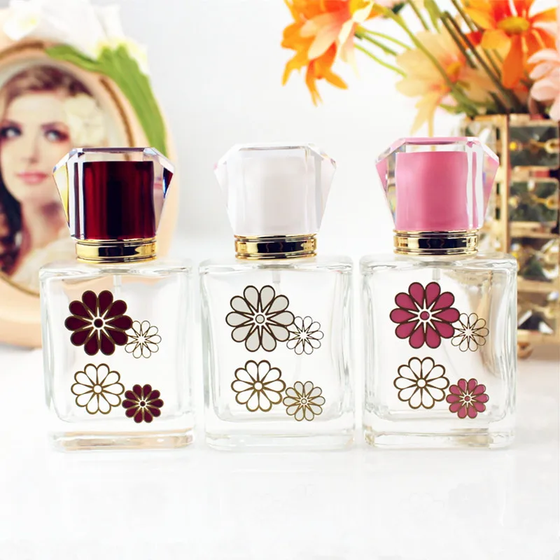 휴대용 인쇄 꽃 장식 패턴 유리 향수병 50mL, 분무기, 빈 화장품, 미니 리필용 병