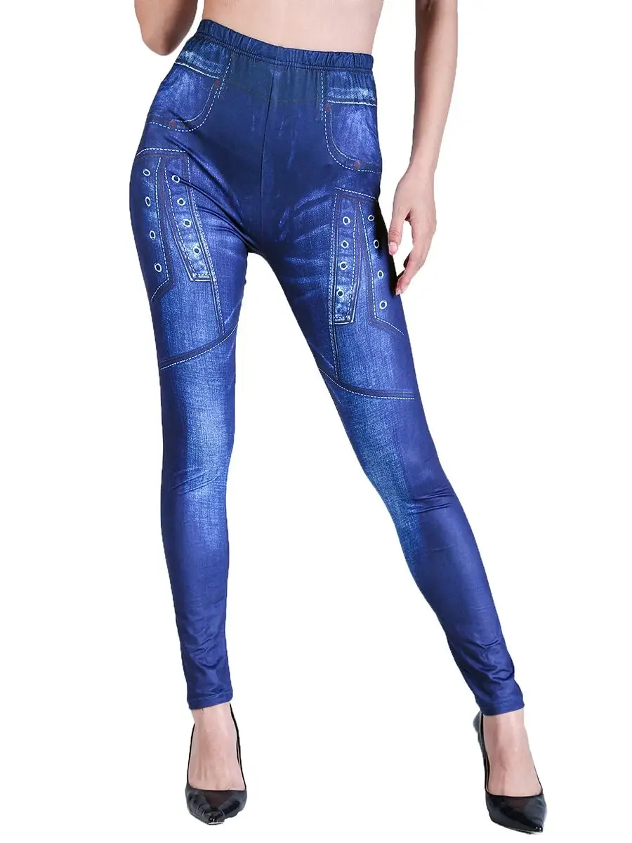 

VISNXGI Brushed Fake Denim Blue Sexy Leggings Women's Vintage High Waist Tight Seamless Printed Eyelet Pencil Pants