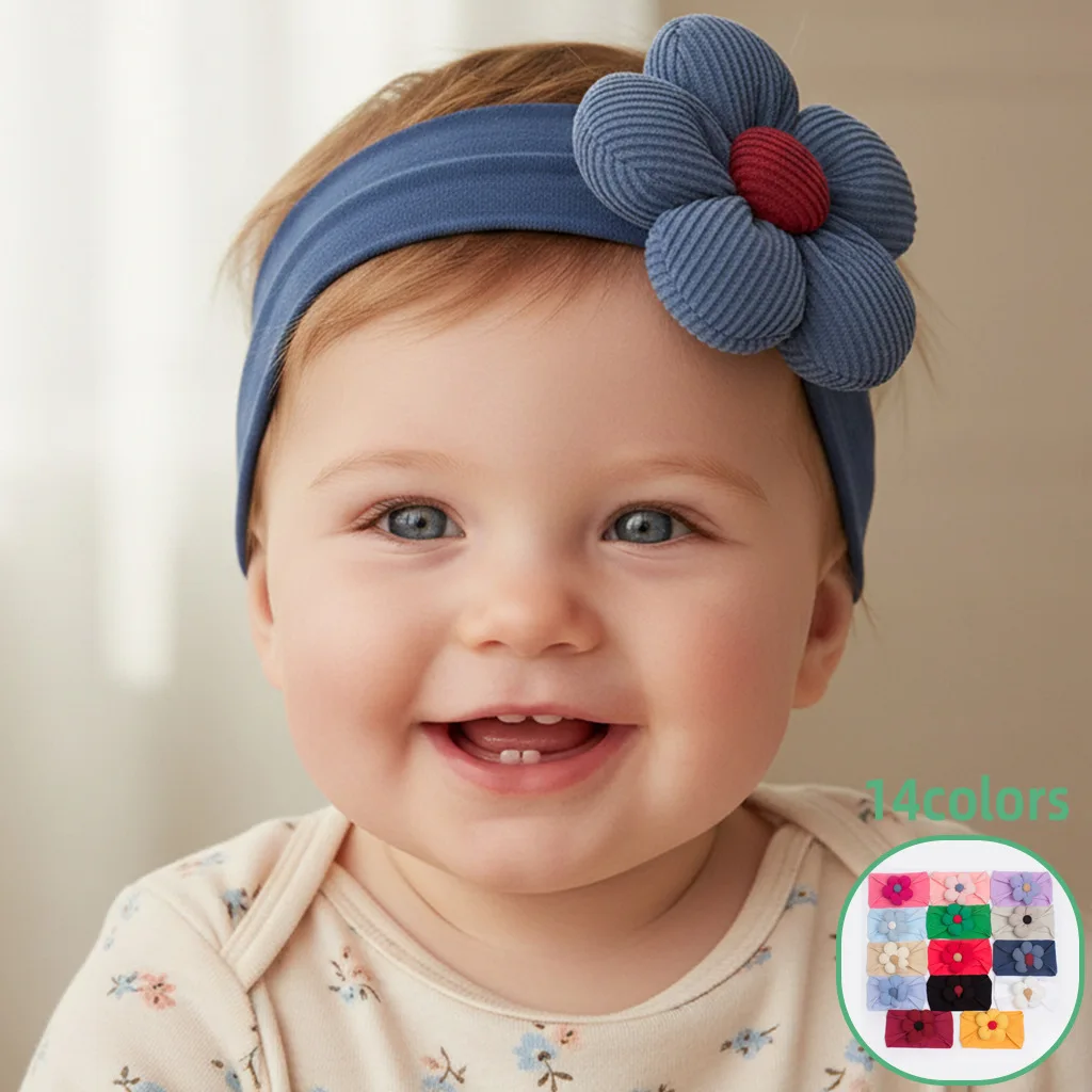 를 위한 새로운 단색 나일론 스트레치 헤어밴드, 어린이를 위한 귀여운 꽃무늬 헤어 액세서리