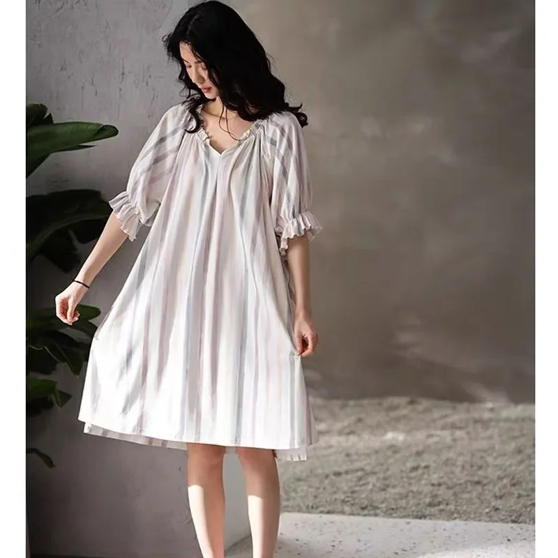 New Cotton Sleepwear Women's Summer Korean Fashion Short-sleeved Striped Sweet and Elegant Pajama Skirt Loose Plus Size Homewear