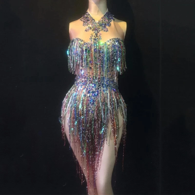 

Nightclub Women Singer Stage Wear Dance Costumes Colorful Sequins Rhinestones Tassels Bodysuit Sleeveless Crystals Jumpsuit Sex