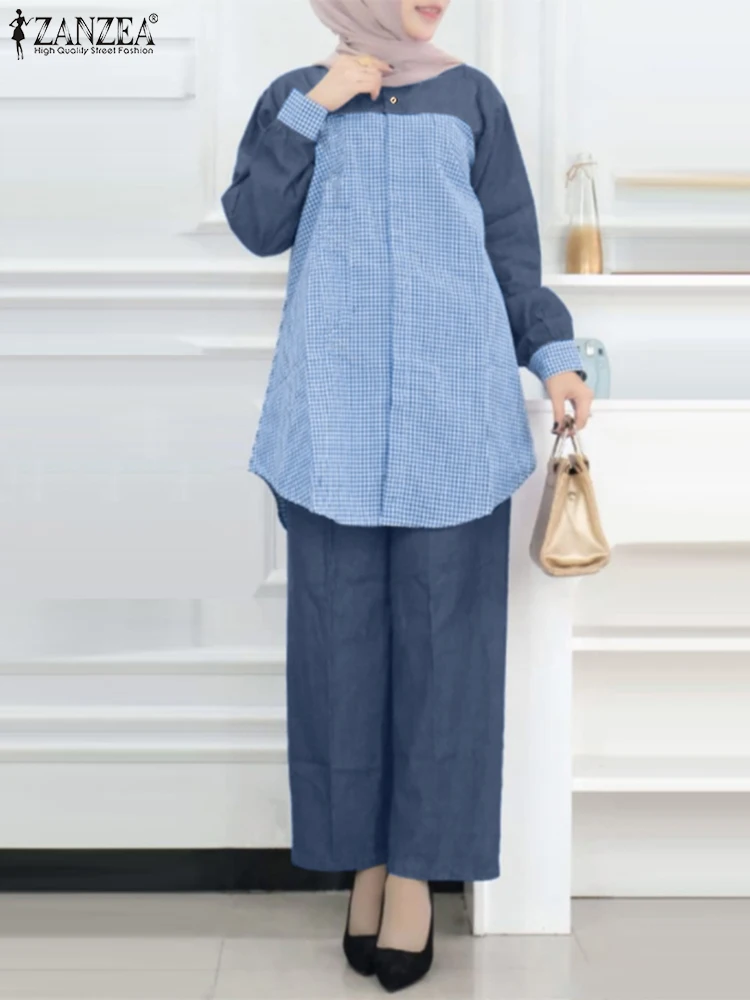 

Women Muslim Sets Autumn Fashion Blouse Causal Long Shirts & Trousers Suit ZANZEA Stylish Wide Leg Pant Sets Female Tracksuits