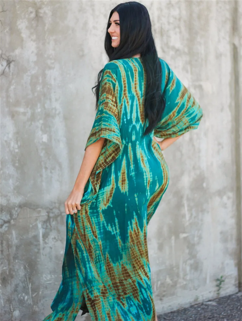 Fashion Casual Striped Print Long Dresses Women Bohemian V-neck Bat Sleeve Loose Slit Beach Dress Summer New Beachwear Vestidos 146 Fashion Casual Striped Print Long Dresses Women Bohemian V-neck Bat Sleeve Loose Slit Beach Dress Summer New Beachwear Vestidos