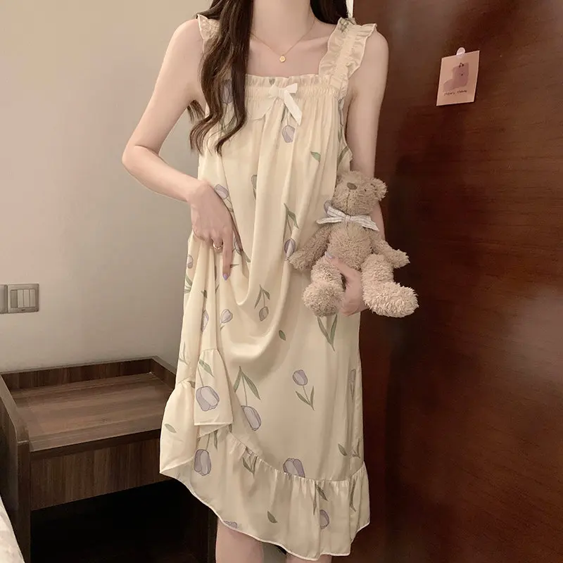 Princ Sle Ice Silk Spwear with Chest Pad Summer Sweet Home Clothes Women's Vest Nightgown Spring Autumn Floral Print