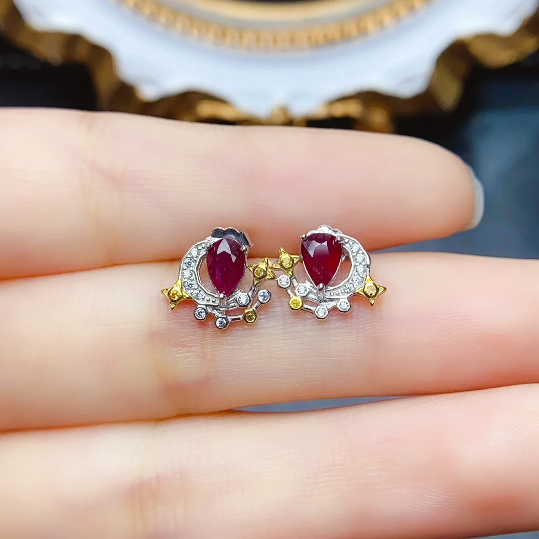 

FS 4*6mm Natural Ruby/Sapphire Earrings S925 Sterling Silver Fine Fashion Weddings Jewelry for Women MeiBaPJ With Certificate