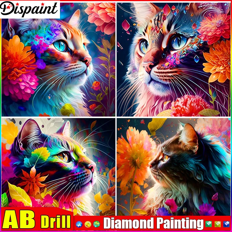 

Dispaint AB Diy Full Square Round Drill 5D Diamond Painting Cross Stitch Diamond Embroidery "Color Cat Flower" Home Decor Gift