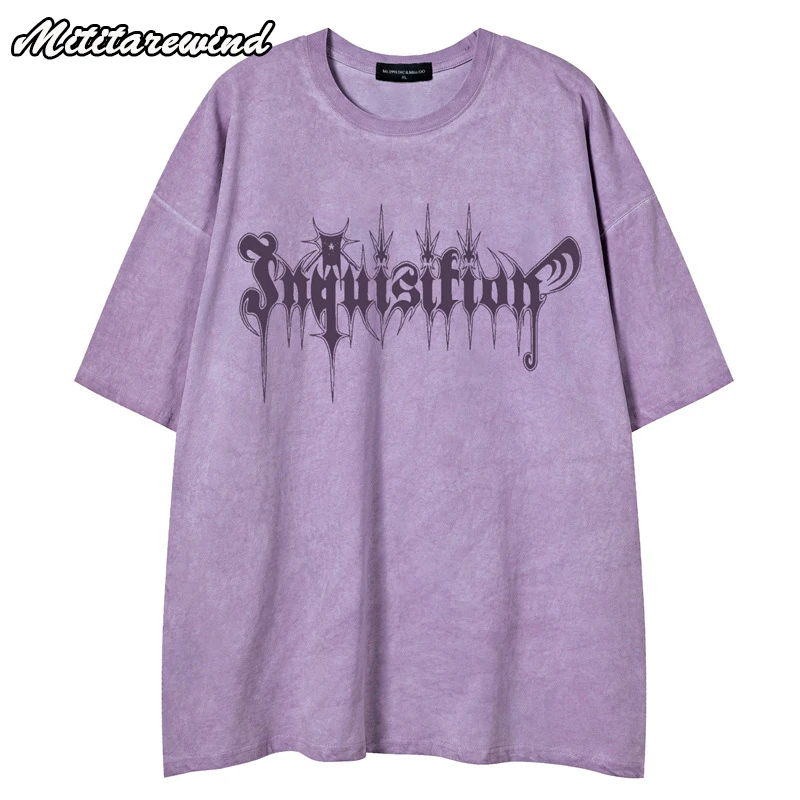 

Distressed Washed Men's And Women's T-shirts Loose Casual Hip Hop Streetwear Tees Summer Goth Letter Print High Street Y2k