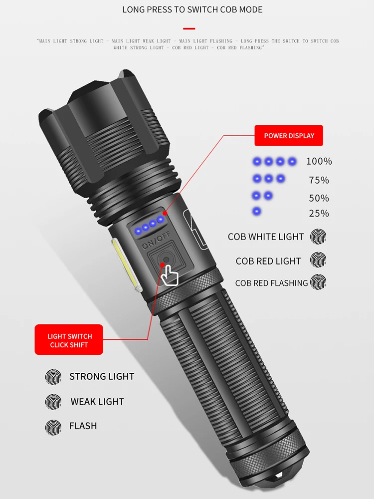 police torch 2000000LM XHP120+COB Led Flashlight Aluminum Alloy XHP50.2 Tactical Camping Torch Usb Rechargeable Lantern use 18650 AAA Battery military flashlights