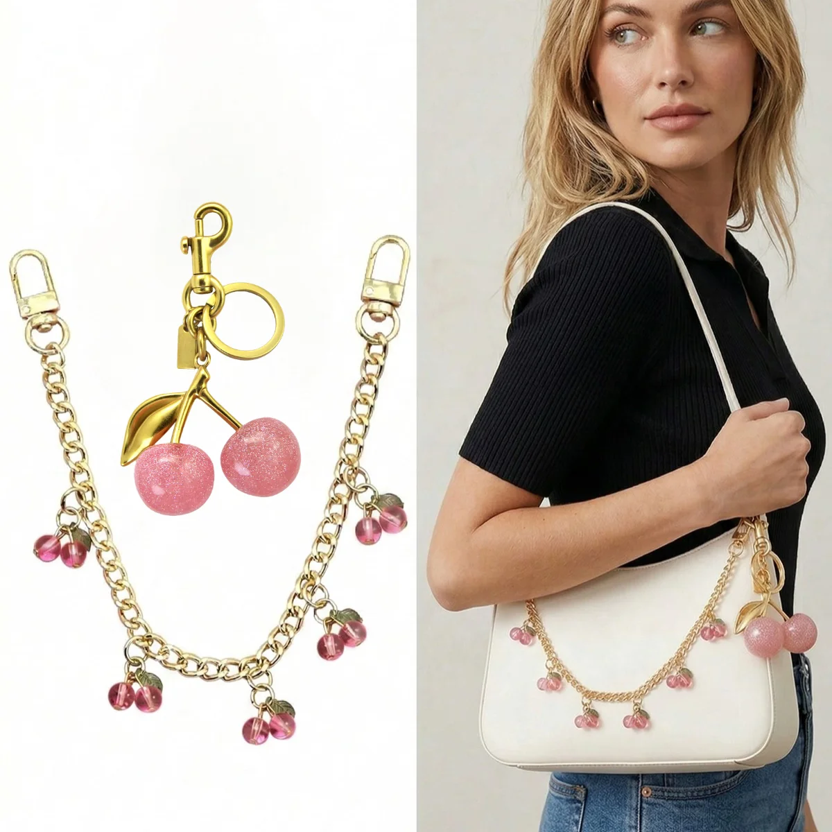 Elegant Red Cherry Chain Jewelry Bag with Glass Stone Charm for Fashionable Storage and Display Accessories