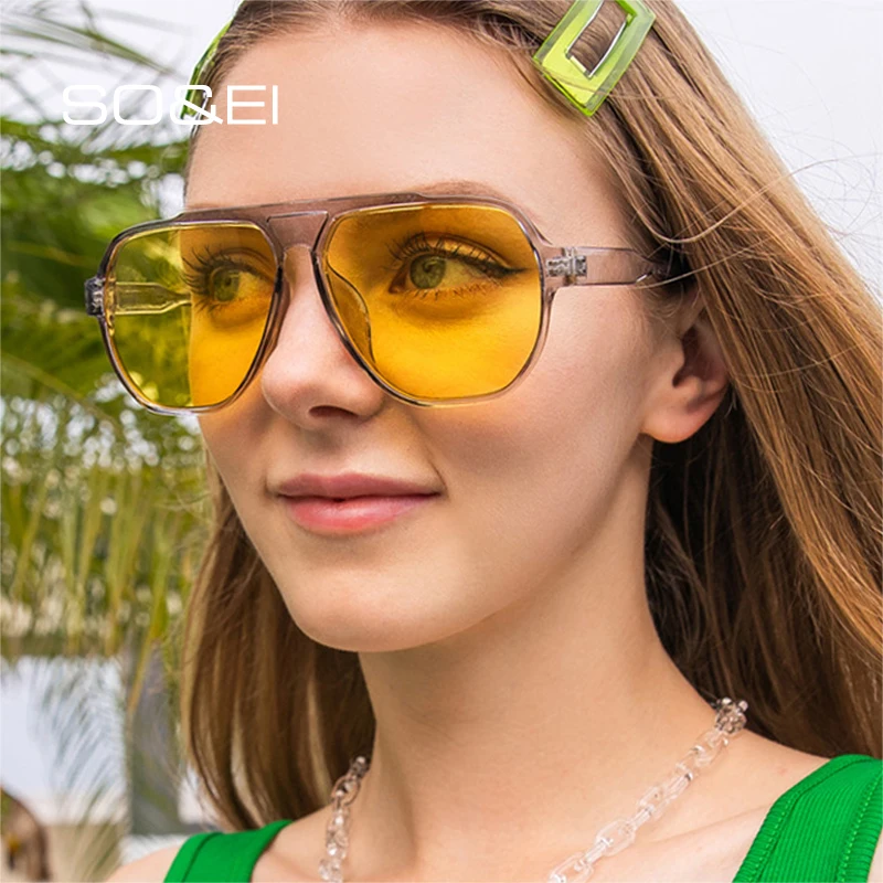 SO&EI Fashion Oversized Pilot Sunglasses Women Retro Yellow Green