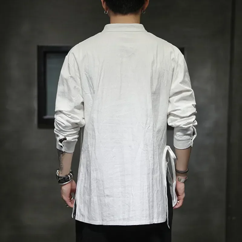Mens Chinese Style Hemp Shirt Cotton Linen Tang Suit Hanfu Retro Stand-Up Collar Zen Clothes Harajuku tops Clothes Men Clothing cotton shirt