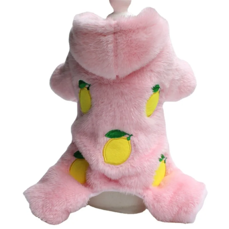 

Pet Clothes Autumn and Winter Puppy Clothes Teddy Biker Thickened Padded Fruit Embroidery Four Legs Plush Suit