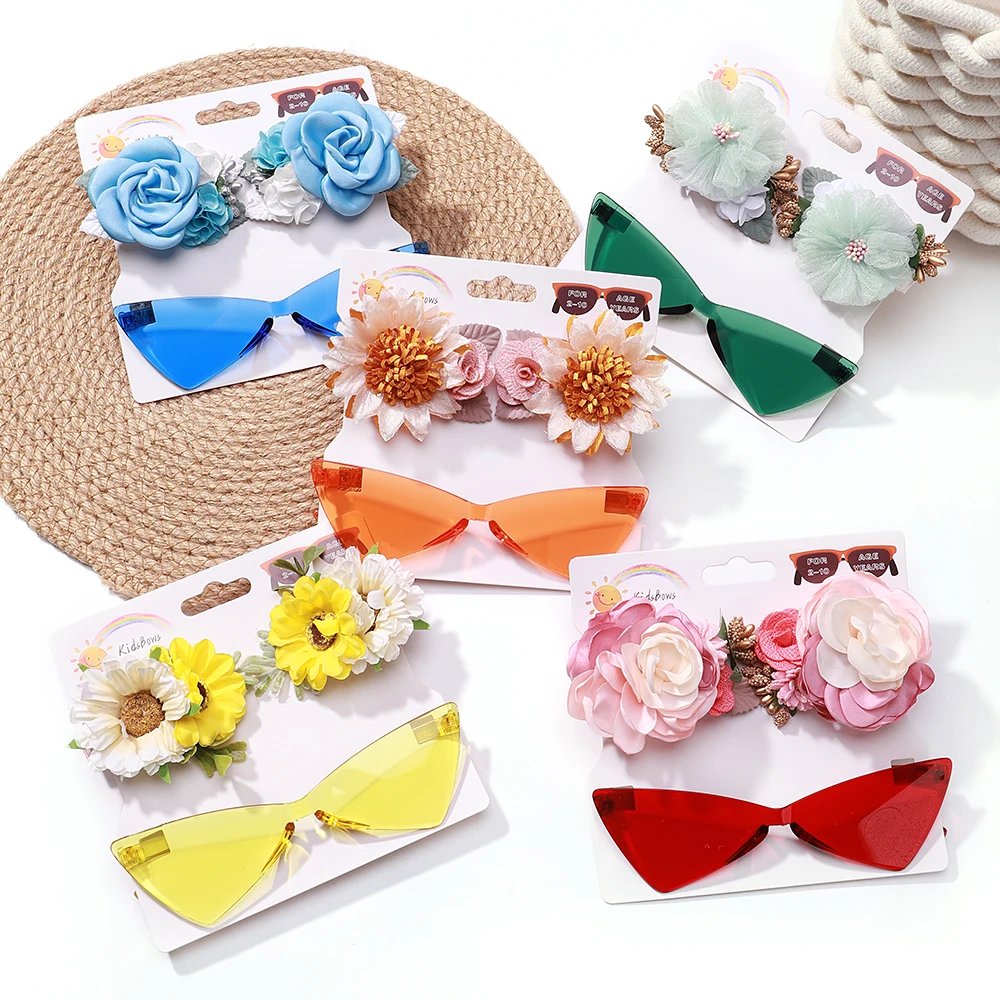 3Pcs/Set Artificial Flower Hairpins Sunglasses Kids Baby Vintage Outdoor Sun Protection Glasses Headwear Hair Accessories Gift 3pcs set for kidsartificial flower hairpins sunglasses set girls vintage geometry protective glasses headwear hair accessories