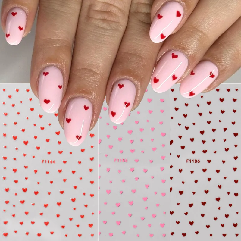 반짝이는 발렌타인 네일 스티커 혼합 레드 핑크 러브 하트 접착 데칼 귀여운 미니 하트 슬라이더 매니큐어 장식 액세서리