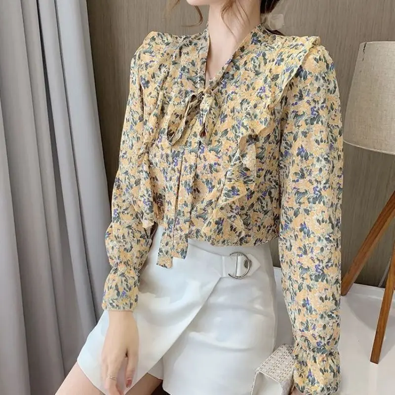 Spring Autumn New Fashion Printed Scarf Collar Long Sleeve Drawstring Ruffles Elegant Casual Loose All-match Blouse Tops