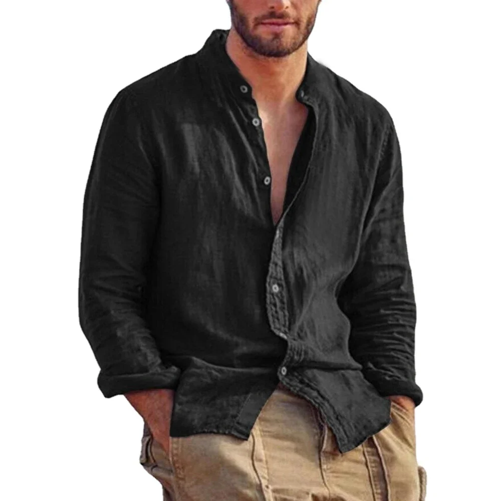 Men's Long Sleeve Shirt Linen Cotton Shirts Stand Collar Casual Beach Tops linen shirt,cotton shirt