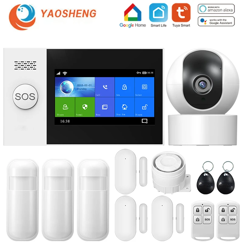 YS PG107 Tuya Security Alarm System Kit Smartlife App Control With Ip Camera Auto Dial Motion Detector WIFI Gsm Home Smart Alarm ring keypad red light