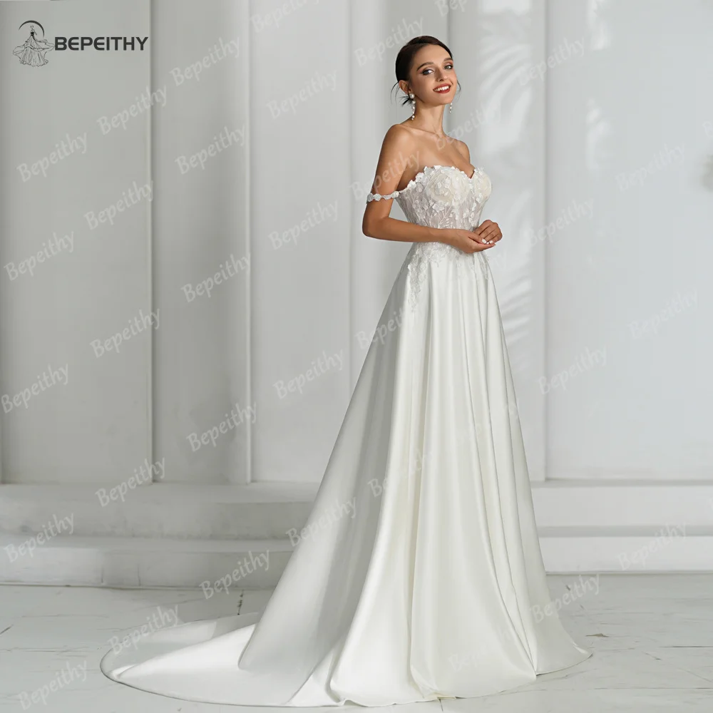 BEPEITHY Sweetheart Ivory A Line Wedding Dresses 2023 For Women Sleeveless Off Shoulder Boho Ivory Bride Satin Bridal Gown 2024