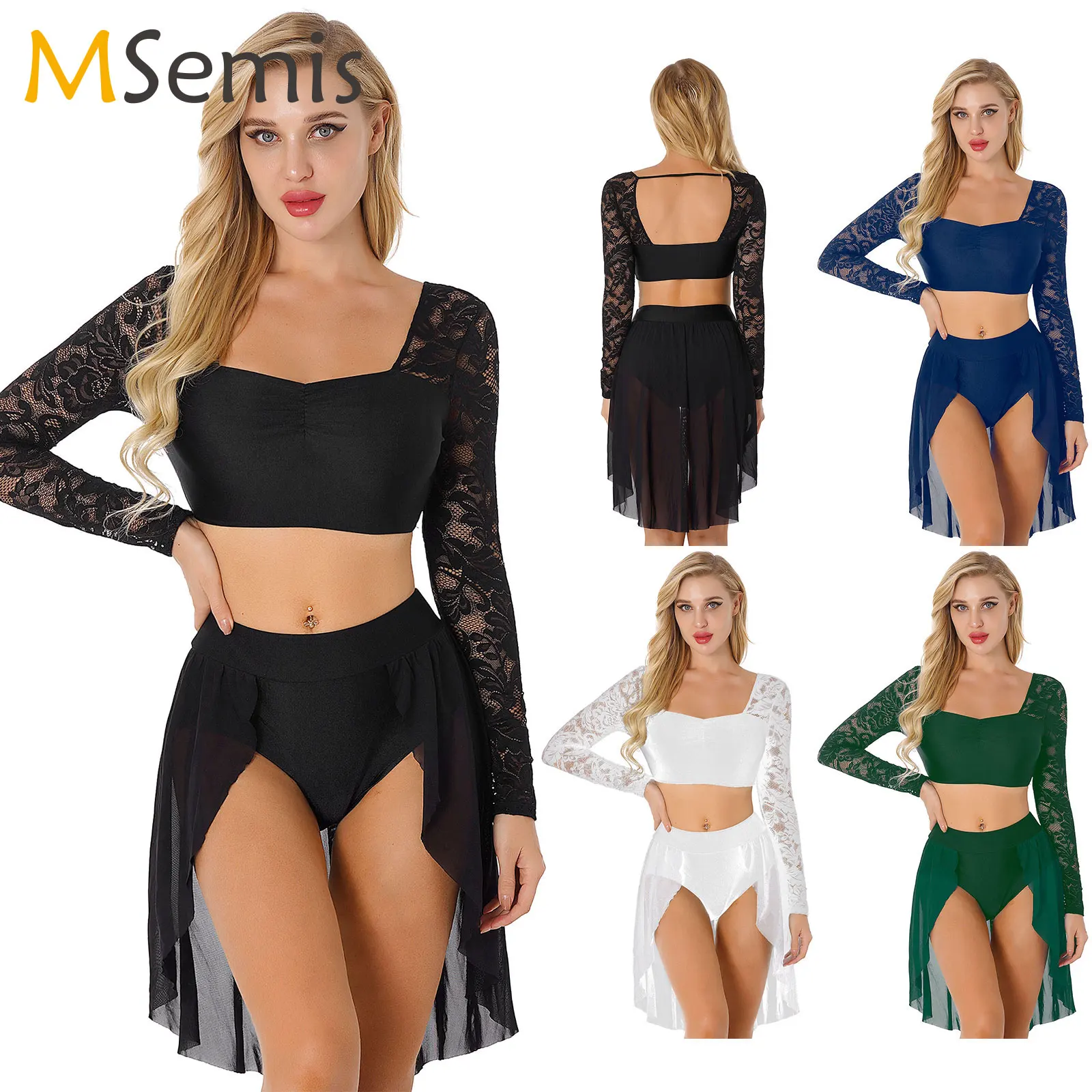 

Women Girls Lyrical Dress Dance Costume Ballet Gymnastics Floral Lace Long Sleeve Crop Top with Skirt Bottoms 2Pcs Dance Outfits