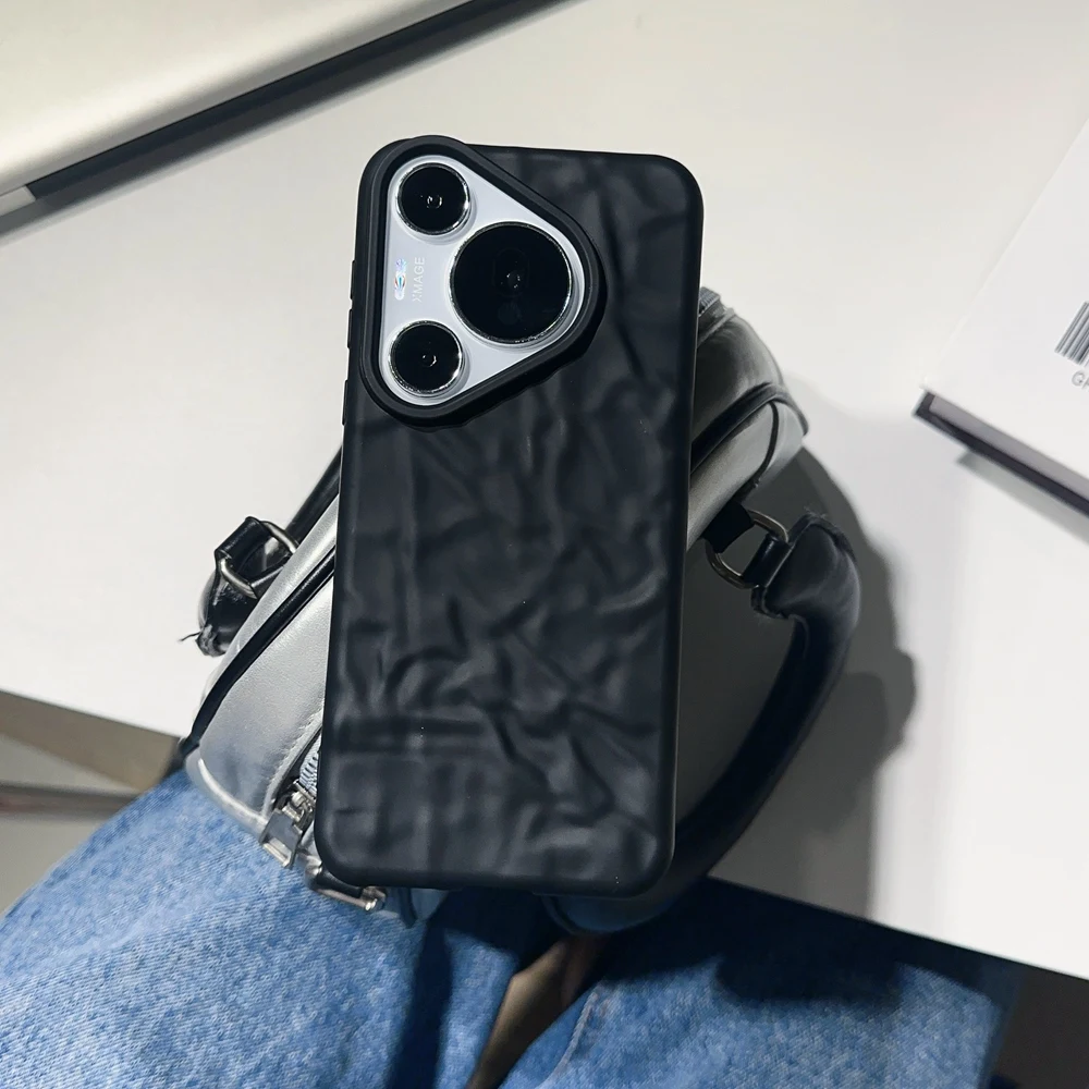 Coque de téléphone à plis 3D noir mat pour Huawei P40 P50 P60 Mate 30 40 50 60 Pro Pura 70 Pro Ultra Honor 50 Soft Cover_voghion.com