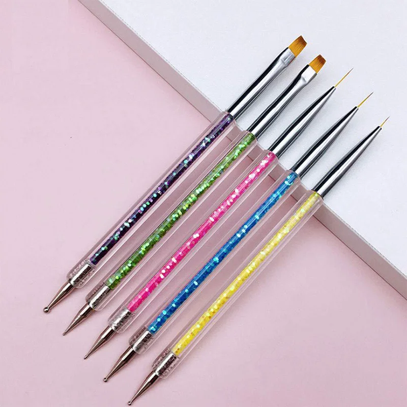 5 Pcs/Set Sequins Powder Drill Pen UV Gel Liner Polish Brush Double Ends Dotting Drawing Painting Crystal Nail Art Dotting Tools