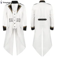 New Men's Retro Tailcoat White Long Jacket Gothic Steampunk Victorian Cosplay Costume Frock Coat Single Breasted Swallow Uniform