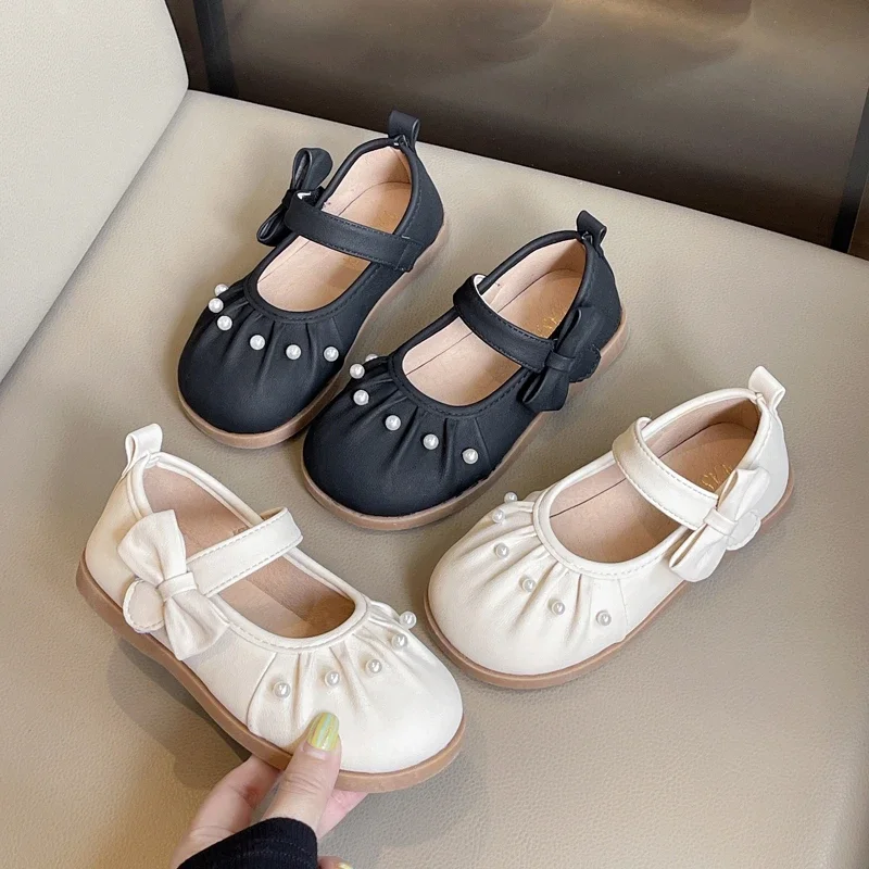 Leather Kids Flat Shoes for Girls with Bowknot and Pearl